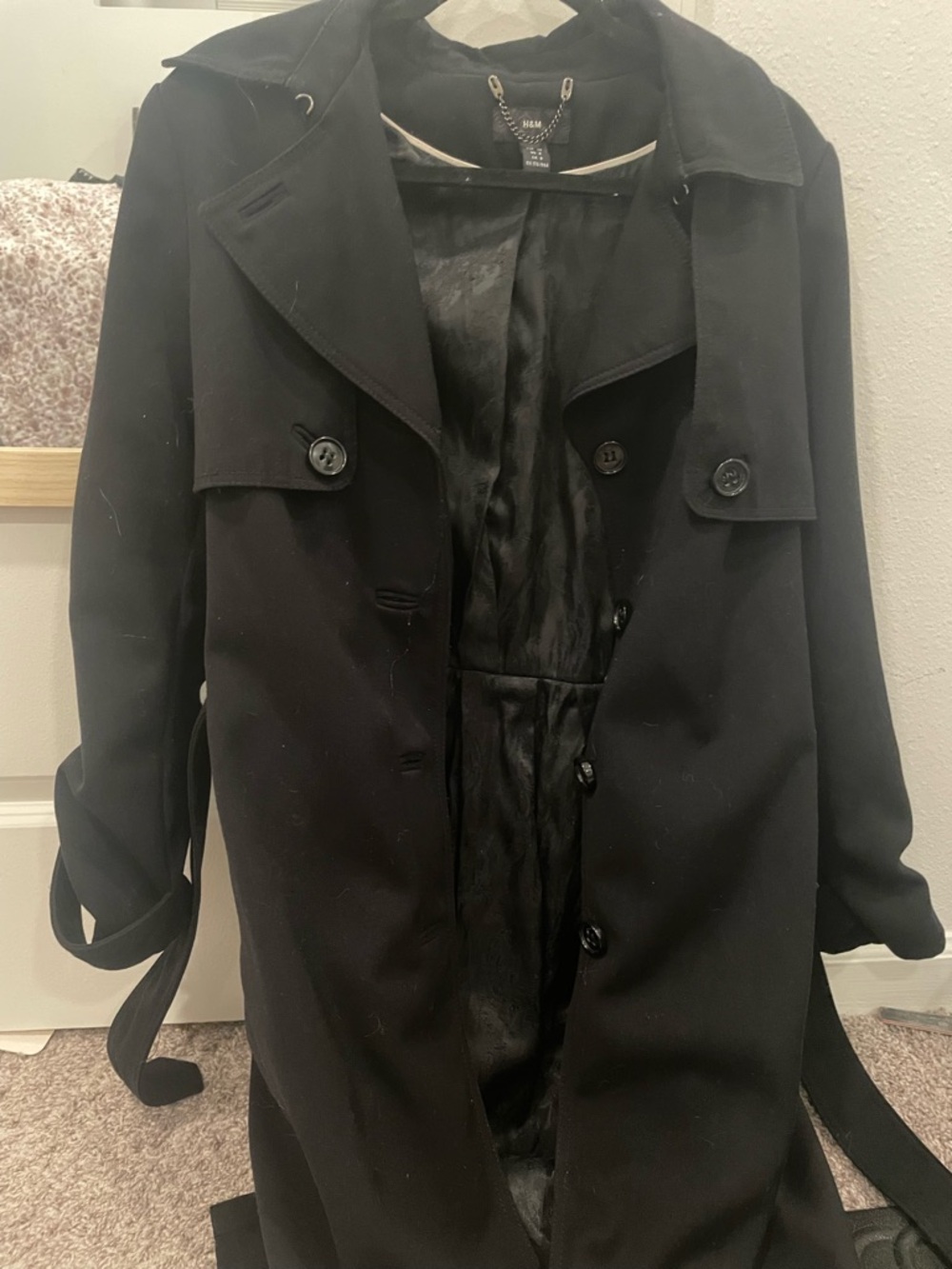 H&M Black Double-Breasted Trench Coat with Waist Tie